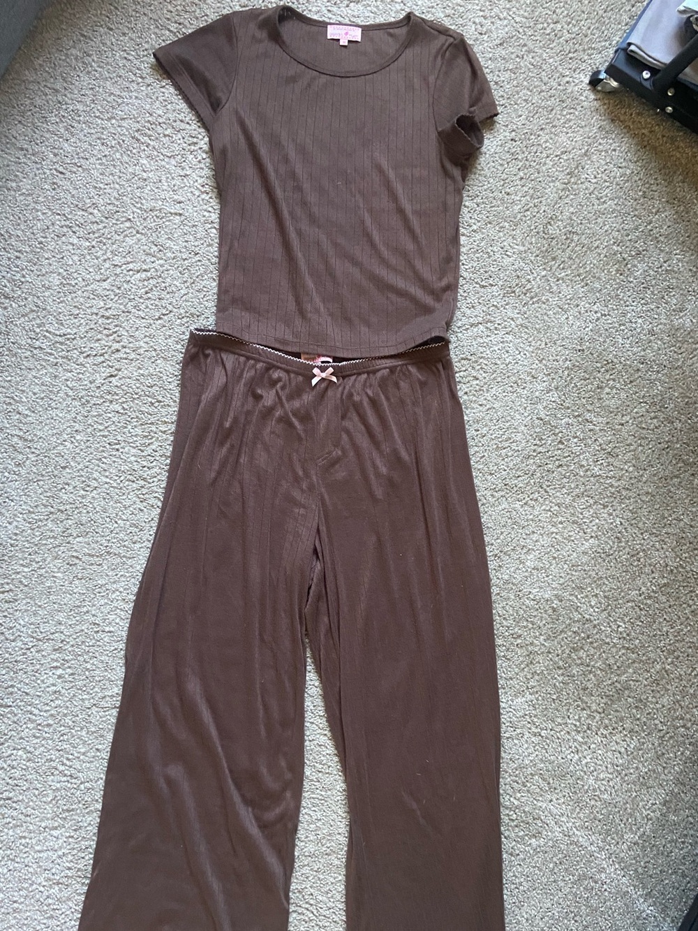 Dairy Boy Brown Ribbed Sleep Set with Pink Bow Detail